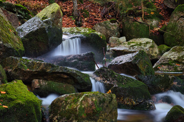 Autumn long exposure of creek Black (Big) Stolpich waterfalls in Jizera Mountain. Water falls into a deep forest canyon full of granite stones and rocks covered with green moss. Czech Republic