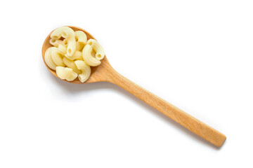 Macaroni pasta with wood spoon on white wood