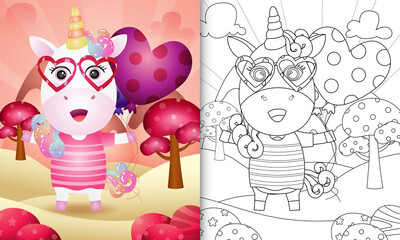 coloring book for kids with a cute unicorn holding balloon themed valentine day
