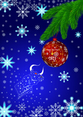New Year of the white Bull 2021 according to the Chinese calendar with a red Christmas ball. Invitation card for a party with a white bull, a bull. Sign of the lunar horoscope. Vector illustration.