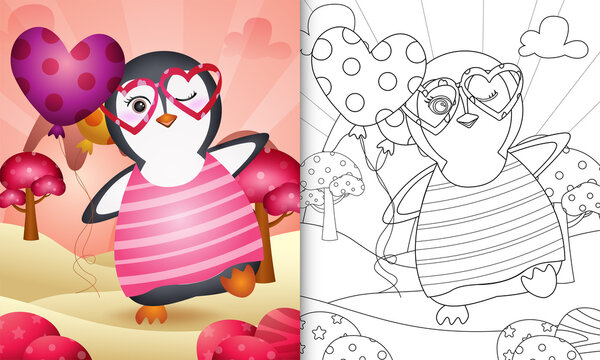 coloring book for kids with a cute penguin holding balloon themed valentine day