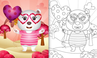 coloring book for kids with a cute polar bear holding balloon themed valentine day