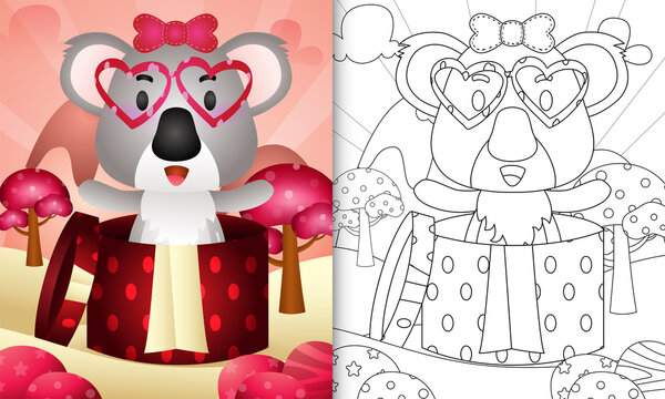 coloring book for kids with a cute koala in the gift box themed valentine day