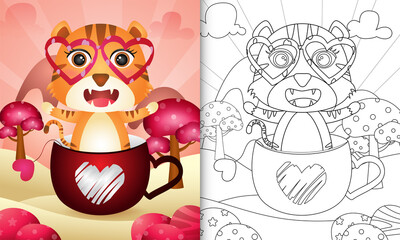 coloring book for kids with a cute tiger in the cup themed valentine day