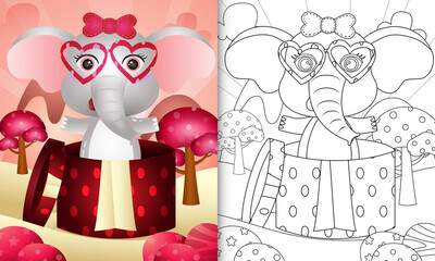 coloring book for kids with a cute elephant in the gift box themed valentine day