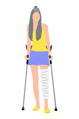 A beautiful girl with long hair in a yellow shirt and blue shorts with a cast on her leg and crutches in her hands. Disability concept, physical injury. Broken leg, trauma