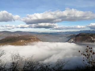 foggy day over Sarajevo, city and hills in fog