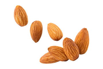 almond nut Beautiful floating healthy food white isolated