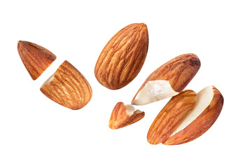 almond nut Blast side view Collection on white isolated