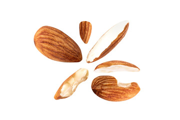 almond nut Blast side view Collection on white isolated