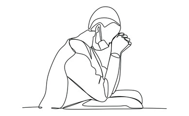 A young people in protective face mask feels tired. Continuous one line drawing