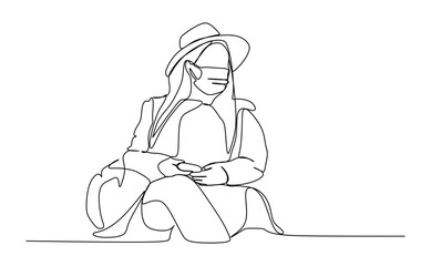 A young woman waring hat and face protective mask. Continuous one line drawing