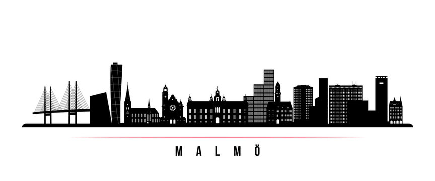 Malmö skyline horizontal banner. Black and white silhouette of Malmö City, Sweden. Vector template for your design.