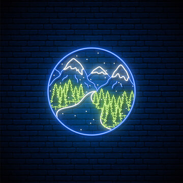 Neon Mountain Sign. Bright Glowing Mountain And Forest Landscape. Neon Signboard. Vector Illustration.