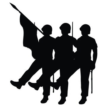 black silhouette soldiers marching with flag clip art preview