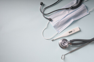Medical instruments for diagnostics, stethoscope, mask, top view