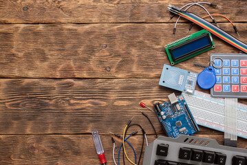 Microprocessor programming concept top view background.