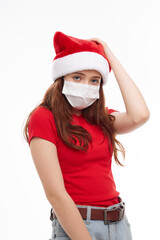 girl in a medical mask red t-shirt holiday new year