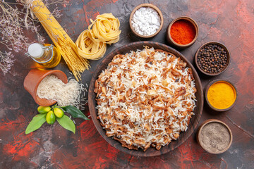 top view cooked rice with seasonings on dark background food meal dish