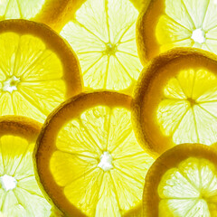 Yellow lemon slices isolated on a white background.