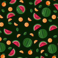 vector image of watermelons and tangerines on a green background