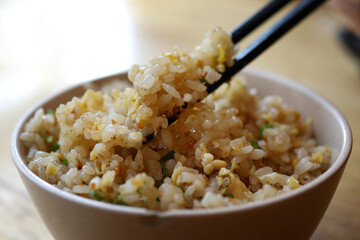 Close up a bowl of Japanese garlic fried rice