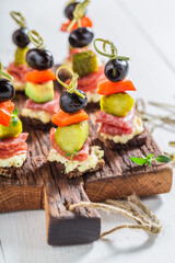 Healthy cold snacks made of fresh ingredients for party