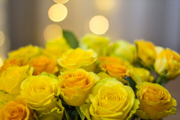 Bouquet of yellow roses. Beautiful yellow roses and bokeh lights in background