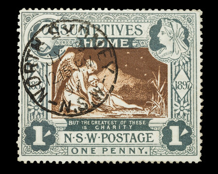 A n 1897 postage stamp from New South Wales, Australia. It sold for one shilling, with one penny for postage and the rest going to a "consumptives home" (tuberculosis hospital). 
