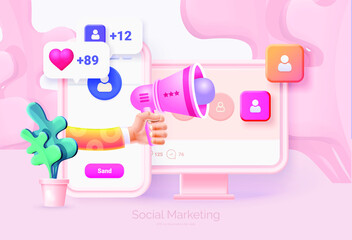 Digital social marketing. Computer and mobile phone with social network interface. Hand holds a megaphone. Getting new subscribers, likes, messages. Social network promotion. Vector illustration 3D