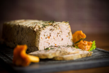 homemade sausage from minced meat with mushrooms and vegetables inside