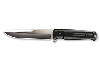 Tactical hunting knife with a black handle on a white background.