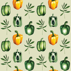 Hand drawn watercolor seamless pattern with fresh green and yellow organic bell peppers.