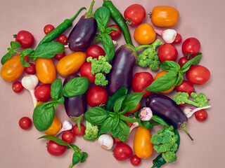 Flat lay composition with fresh vegetables.