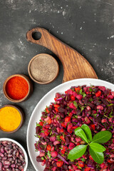 top view vinaigrette salad with beet and beans on the grey background meal salad food diet