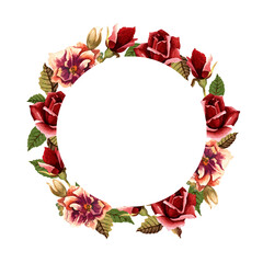 Floral round frame. Watercolor illustration. Design idea for postcard, poster, scrapbooking