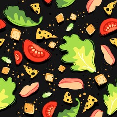 pattern of caesar salad ingredients, scattered vegetables on black background