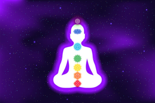 Meditation. Shining chakras. Muladhara, swadhisthana, manipura, anahata, vishuddha, ajna, sahasrara. Space stars. Vector symbol. Om sign. Silhouette of the man in a lotus pose