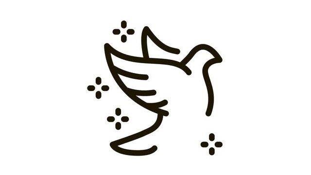 Flying Pigeon Bird Sparkling Icon Thin Line . Fly Dove Bird Silhouette With Glistering Stars, Peace Symbol animated icon on white background