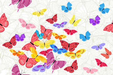 seamless texture with flying colorful butterflies against monoch