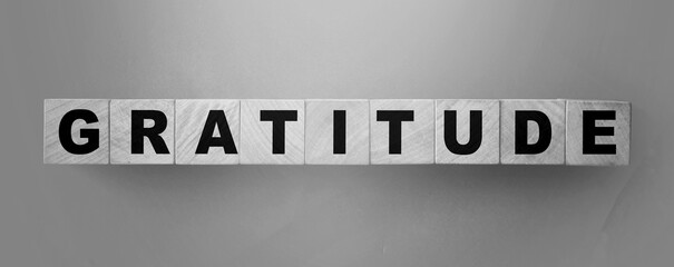 Gratitude word on wooden cubes in black and white. Donation and charity concept