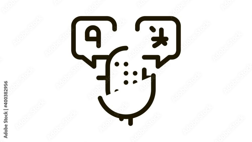 Poster microphone voice device icon animation. black microphone interpreter and alphabet letters in quote f