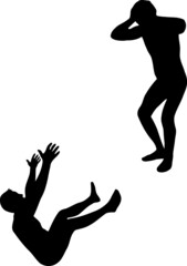 Disaster and despair. Silhouettes of two men vector. One person falls into the abyss and pulls his hands up, the second person stands at the top and in helplessness clutches his head with both hands.