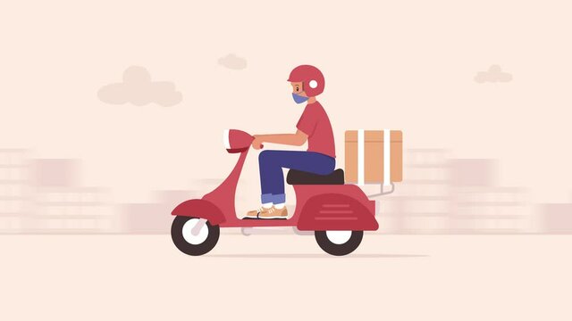 Courier driving a scooter in the city  wearing protective mask. Online delivery service during covid-19 coronavirus pandemic quarantine and lockdown concept animation