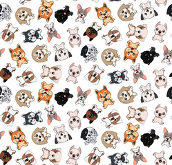 pattern with different funny dogs on white background