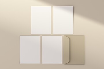 Blank white 5x7 card on white floor with rays of sunlight 