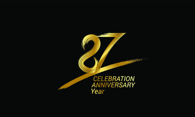 87 year anniversary chalk, golden ink Style , minimalist logo. years, jubilee, greeting card. Birthday invitation sign. Black space vector illustration on black background - Vector
