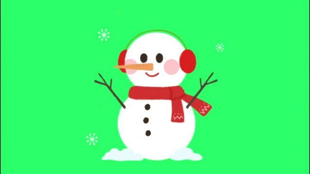 Animation snowman on green background.