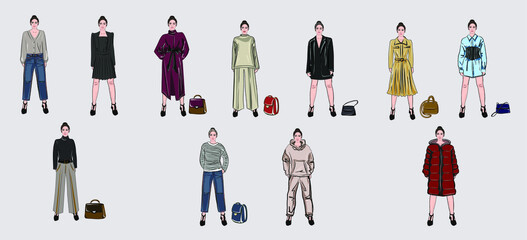 Fototapeta premium Girls blondes, brunettes, brown-haired women in fashionable clothes. A set of items from the basic wardrobe. Pose, model. Clothing store. Fashion collection advertising. Vector isolated images.