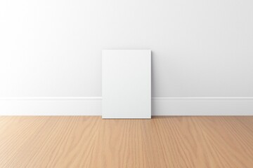 empty white a4 canvas with white wall and wood floor